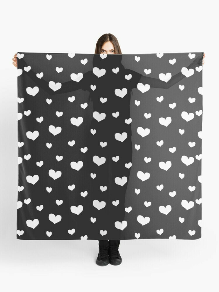 Super soft silky Scarf Valentine, white hearts on black, Valentine's day, love, heart pattern, Valentine gift