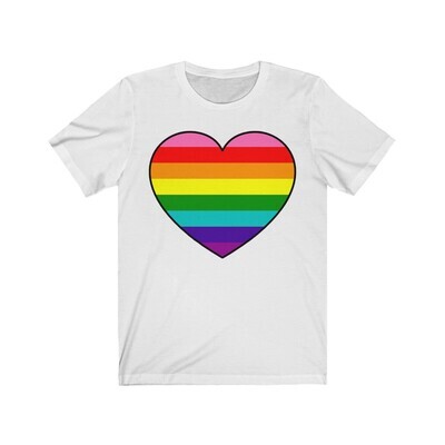 👸🏽🤴🏽🏳️‍🌈 Love is Love LGBTQ flag heart, rainbow flag, pride flag Bella + Canvas 3001 t-shirt, 8 colors, 6 sizes S, M, L, Xl, 2XL, 3XL, classic tee