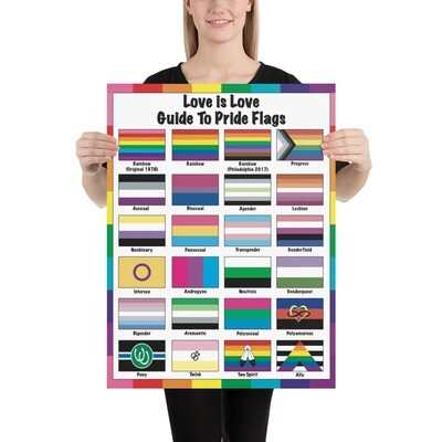 🤴🏽👸🏽🏳️‍🌈 Poster Print unframed Love is Love, Guide to Pride flags, LGBTQ flags, Rainbow flags, gift, Classroom, School, Children, Wall art, Home decor