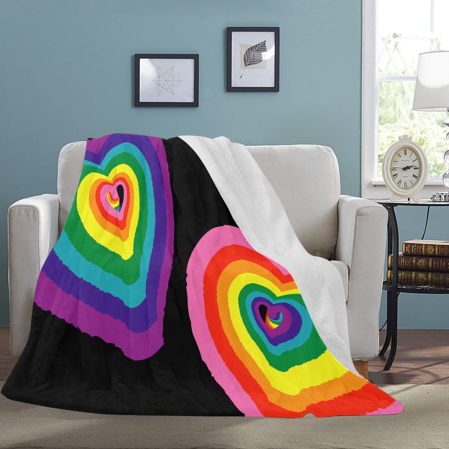 🤴🏽👸🏽🏳️‍🌈💕Large Ultra-Soft Micro Fleece Blanket Love is Love LGBTQ flag, big Graffiti hearts, rainbow flag, pride flag, gift, gift for her, gift for him, gift for them, 70"x80", black