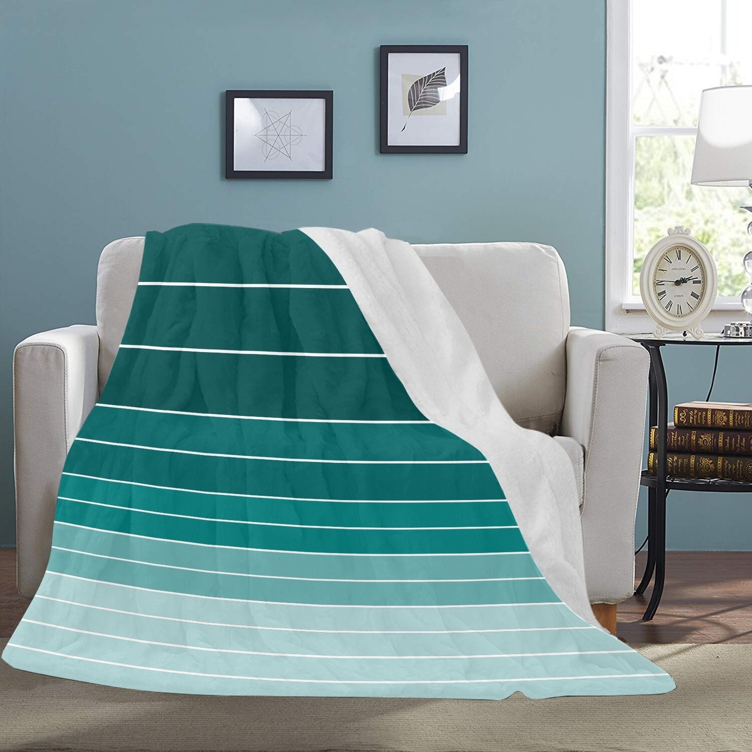 🤴🏽👸🏽Large Ultra-Soft Micro Fleece Blanket Shades of teal stripes, gift, gift for her, gift for him, gift for them, 70"x80"
