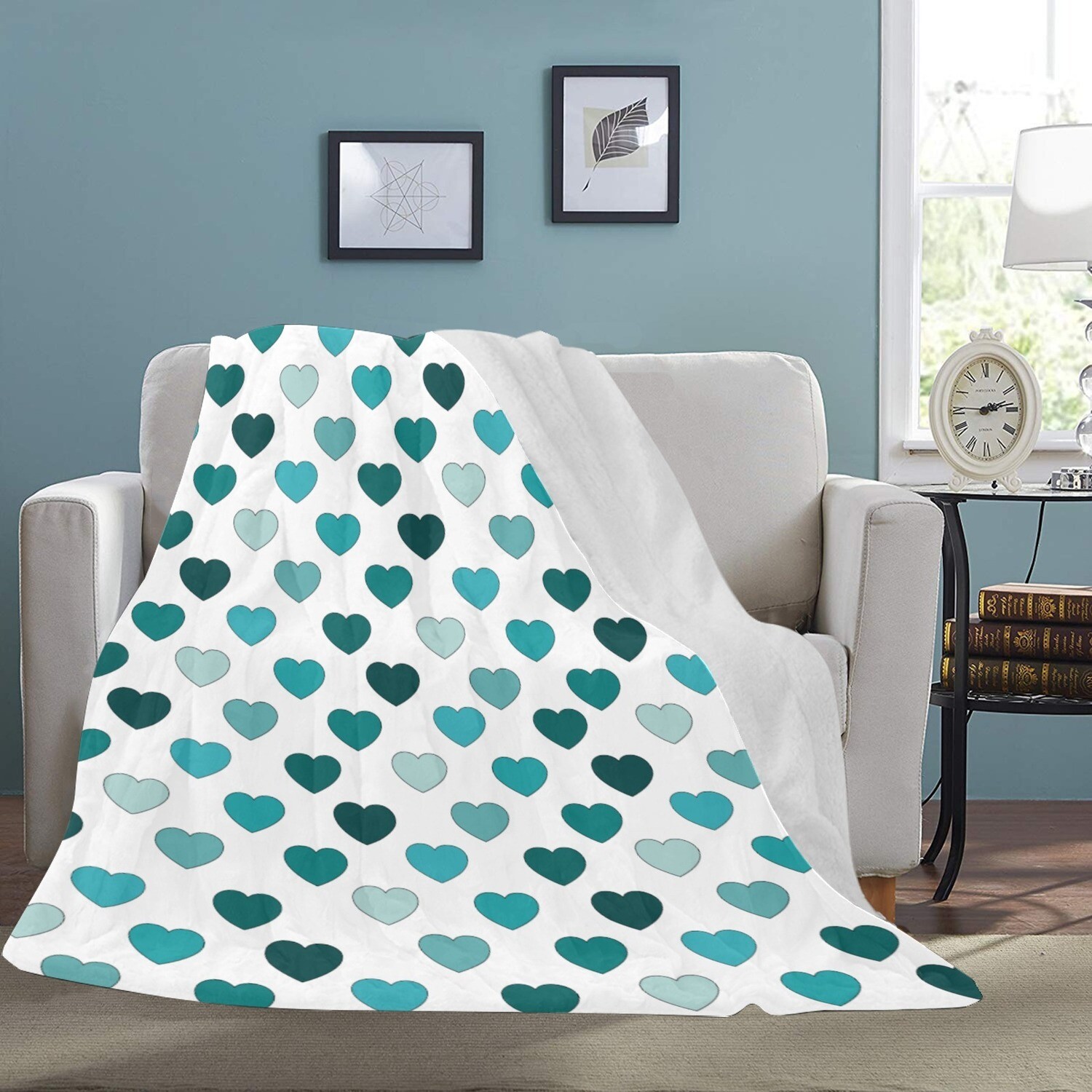 🤴🏽👸🏽💕Large Ultra-Soft Micro Fleece Blanket Shades of teal Hearts, gift, gift for her, gift for him, gift for them, 70"x80", white