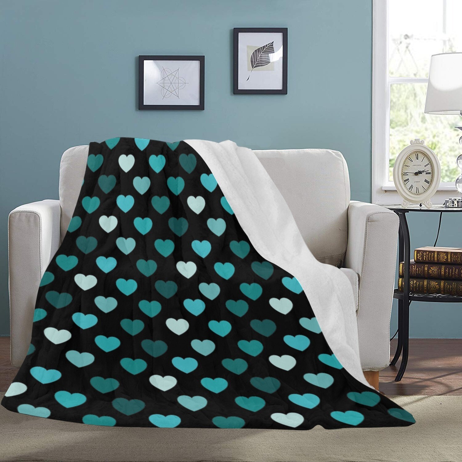 🤴🏽👸🏽💕Large Ultra-Soft Micro Fleece Blanket Shades of teal Hearts, gift, gift for her, gift for him, gift for them, 70"x80", black