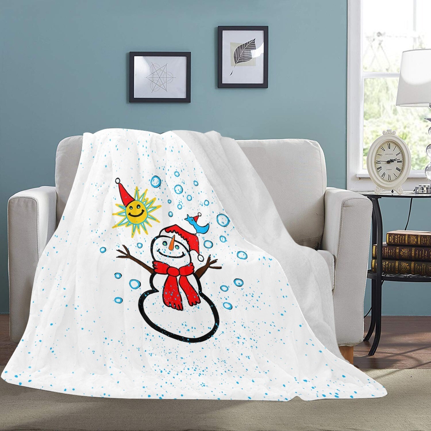 🤴🏽👸🏽☃️Large Ultra-Soft Micro Fleece Blanket Snowman and his blue bird by Maru, gift, gift for her, gift for him, gift for them, 70"x80", white