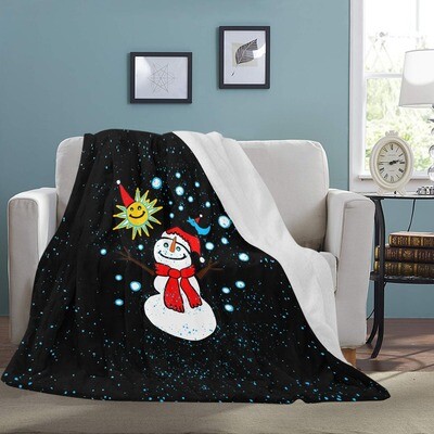 🤴🏽👸🏽☃️Large Ultra-Soft Micro Fleece Blanket Snowman and his blue bird by Maru, gift, gift for her, gift for him, gift for them, 70"x80", black