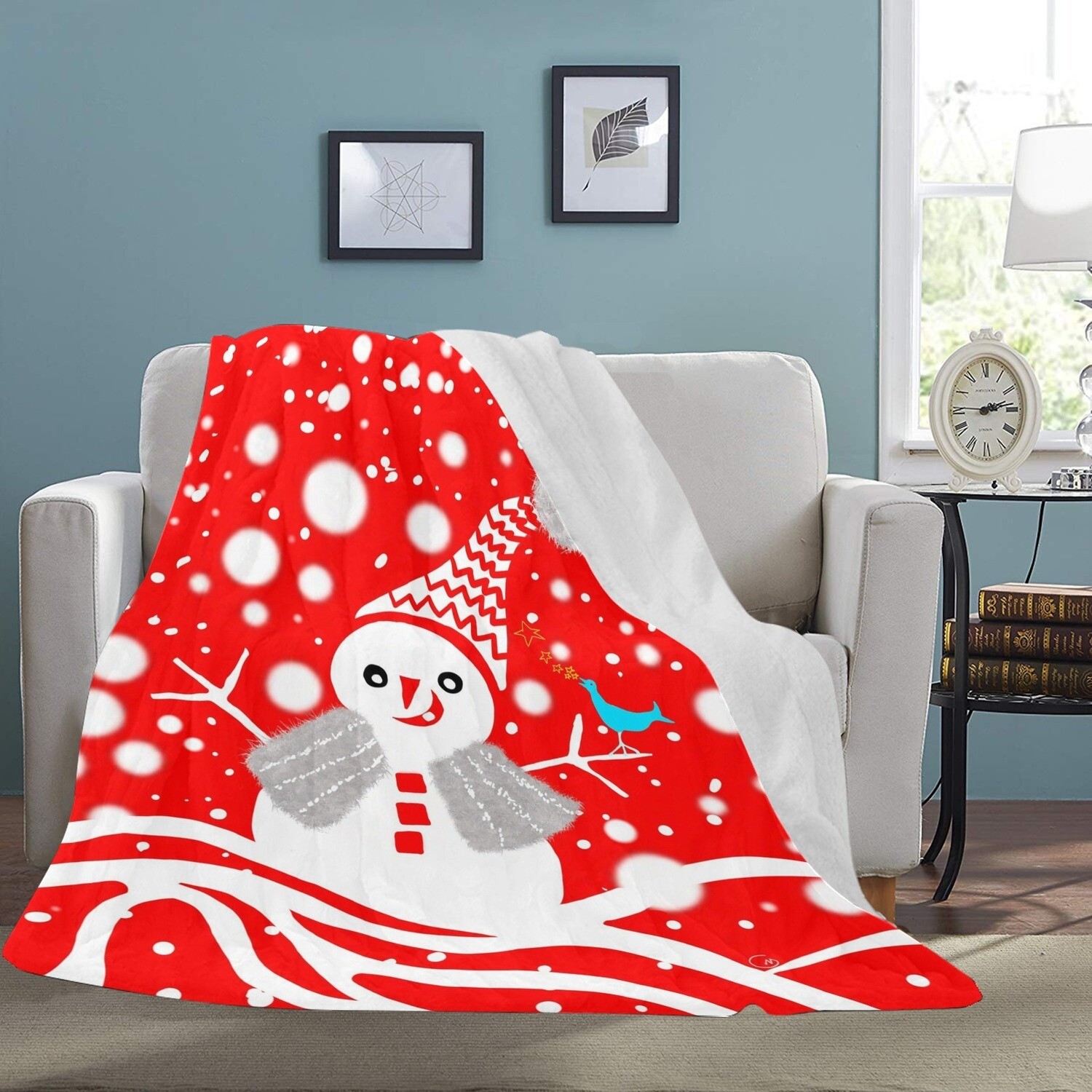 🤴🏽👸🏽☃️Large Ultra-Soft Micro Fleece Blanket Snowman and his blue bird by Maru, gift, gift for her, gift for him, gift for them, 70"x80", red