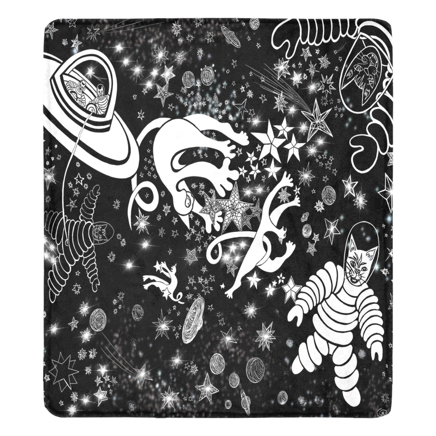 🤴🏽👸🏽🐈🚀Large Ultra-Soft Micro Fleece Blanket Cats and Astronauts, Flying Saucer, Stars by Maru, gift, gift for her, gift for him, gift for them, 70"x80", black & white
