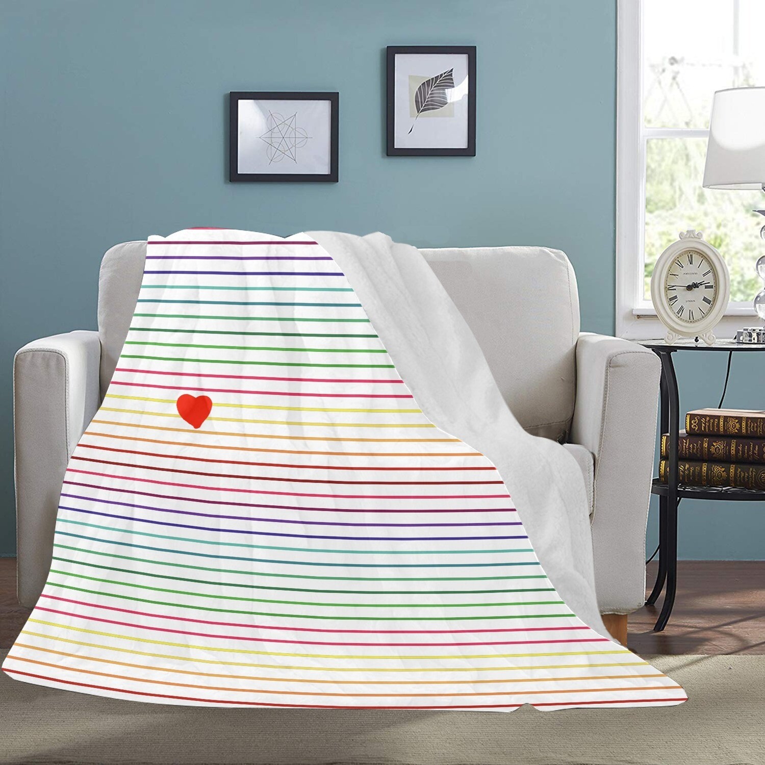 🤴🏽👸🏽🏳️‍🌈 Large Ultra-Soft Micro Fleece Blanket Love is Love LGBTQ flag, stripes and red heart, rainbow flag, pride flag, gift, gift for her, gift for him, gift for them, 70"x80", white