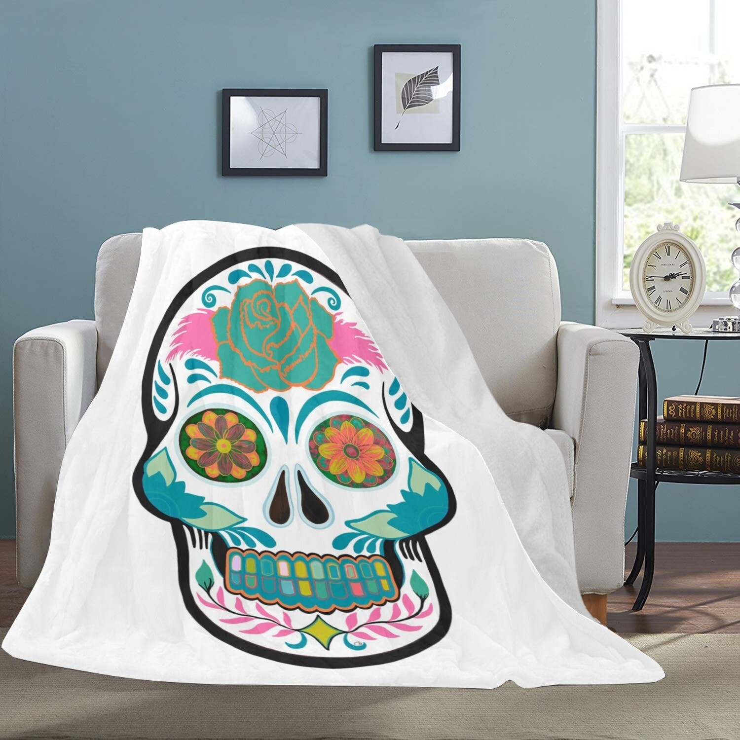 🤴🏽👸🏽💀Large Ultra-Soft Micro Fleece Blanket Skulls Series Day of the dead #22 by Maru, gift, gift for her, gift for him, gift for them, 70"x80", 32 colors on white