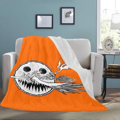 🤴🏽👸🏽🎃Large Ultra-Soft Micro Fleece Blanket Halloween Moon, Flying Witch, Magical Cat, Pumpkins, Ghosts and Snake by Maru, gift, 70"x80", orange