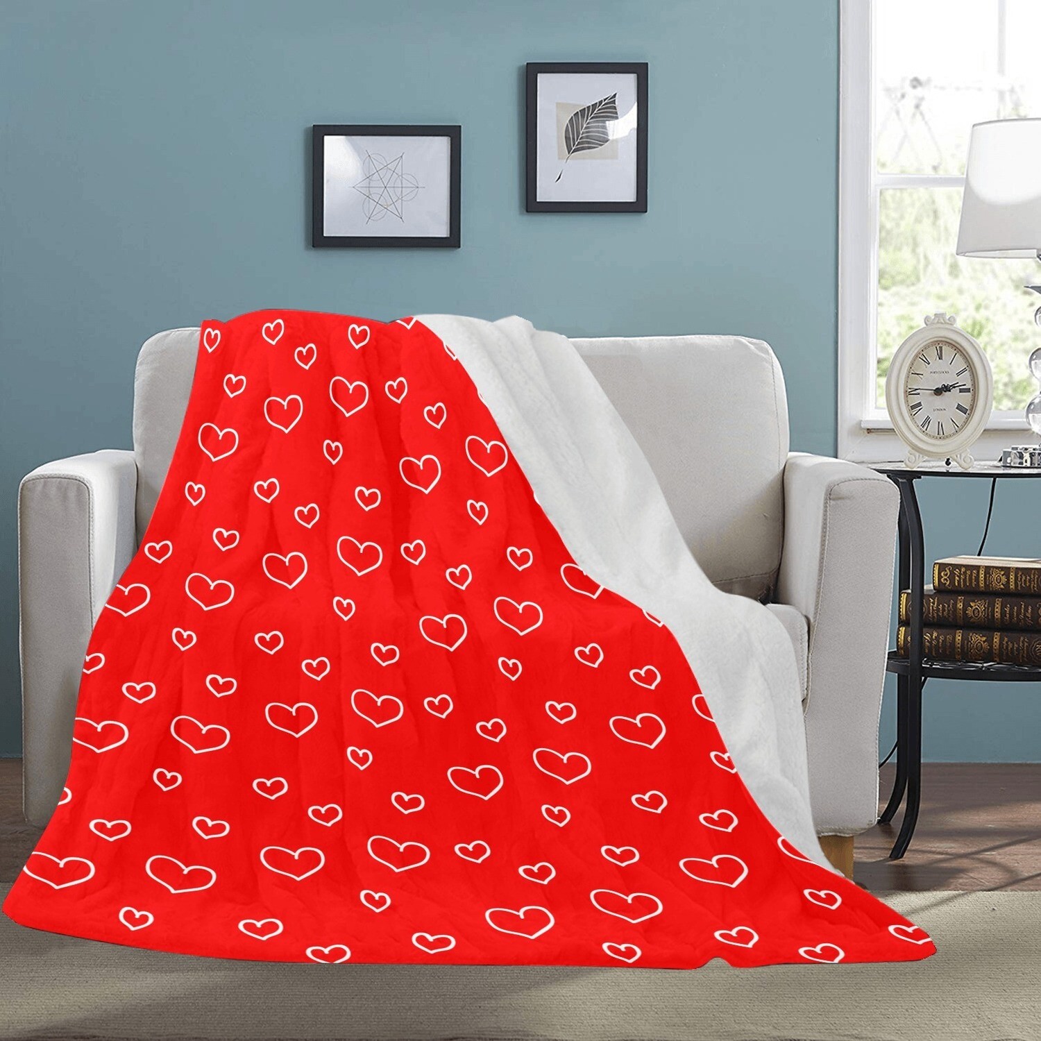 🤴🏽👸🏽💕Large Ultra-Soft Micro Fleece Blanket Valentine white outline hearts on red, gift, gift for her, gift for him, gift for them, 70"x80"