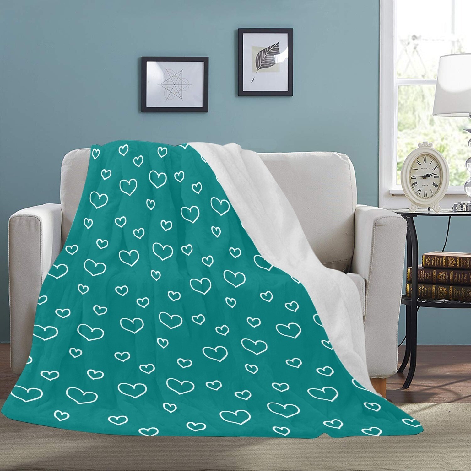 🤴🏽👸🏽💕Large Ultra-Soft Micro Fleece Blanket Valentine white outline hearts on teal, gift, gift for her, gift for him, gift for them, 70"x80"