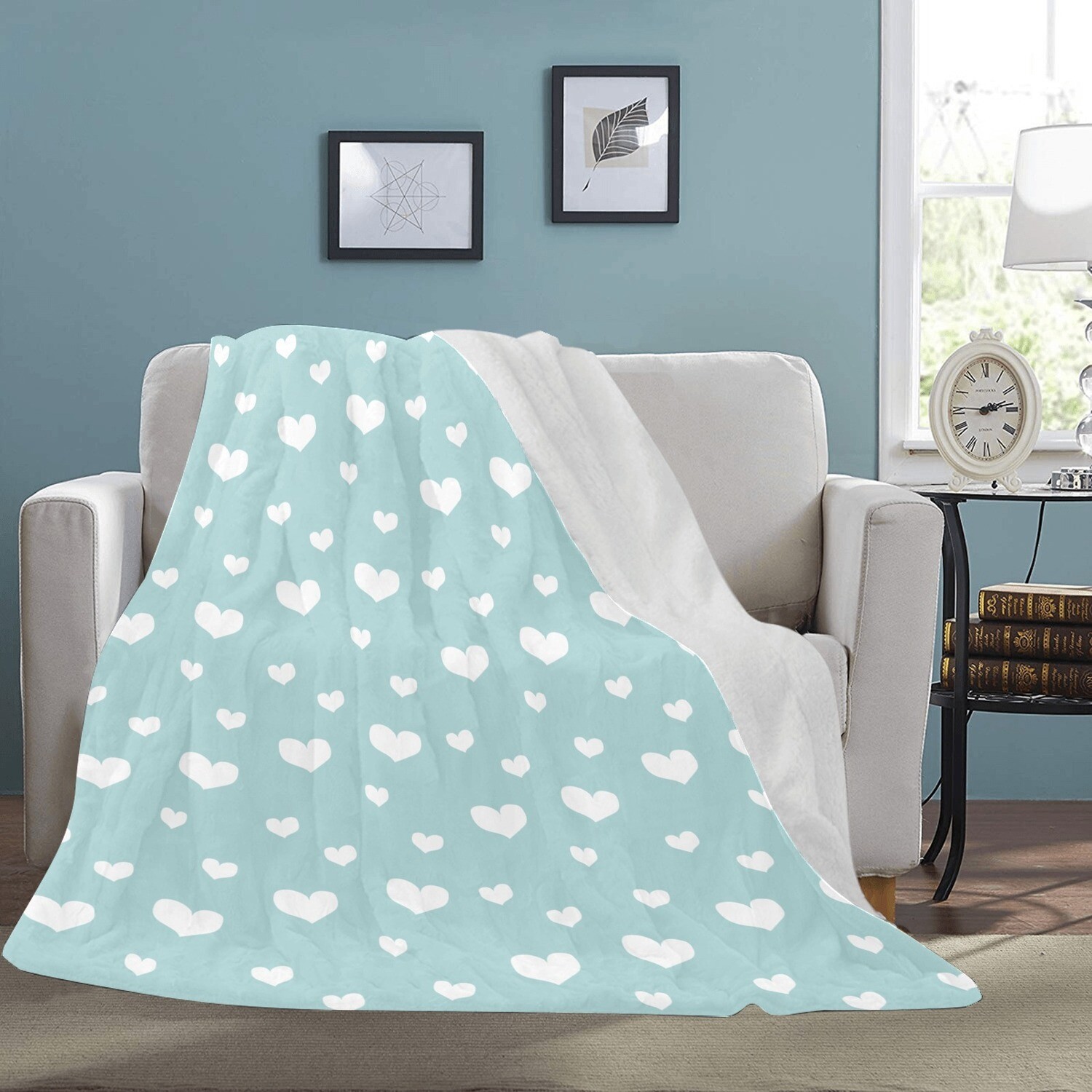 🤴🏽👸🏽💕Large Ultra-Soft Micro Fleece Blanket Valentine white hearts on light teal, gift, gift for her, gift for him, gift for them, 70"x80"