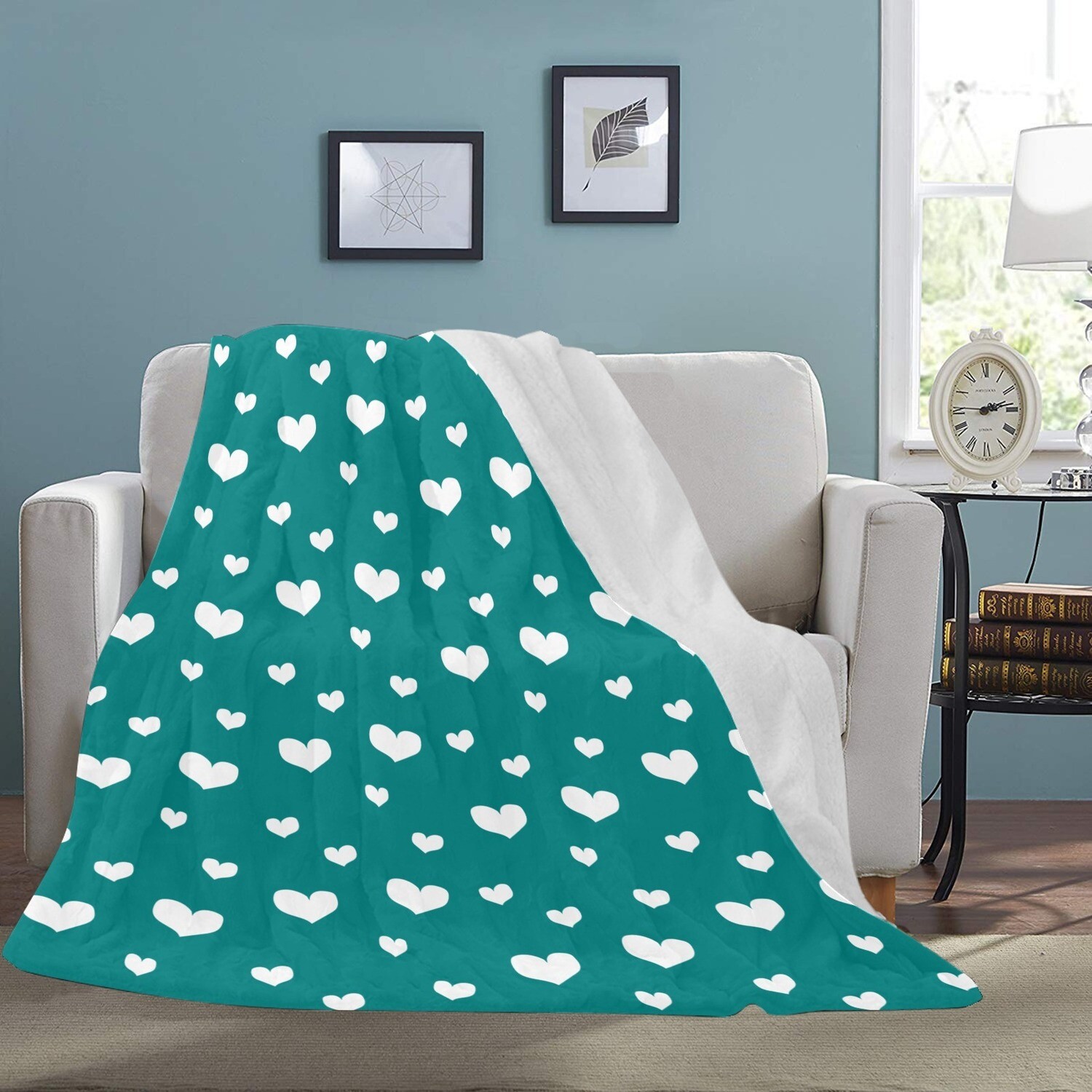 🤴🏽👸🏽💕Large Ultra-Soft Micro Fleece Blanket Valentine white hearts on teal, gift, gift for her, gift for him, gift for them, 70"x80"