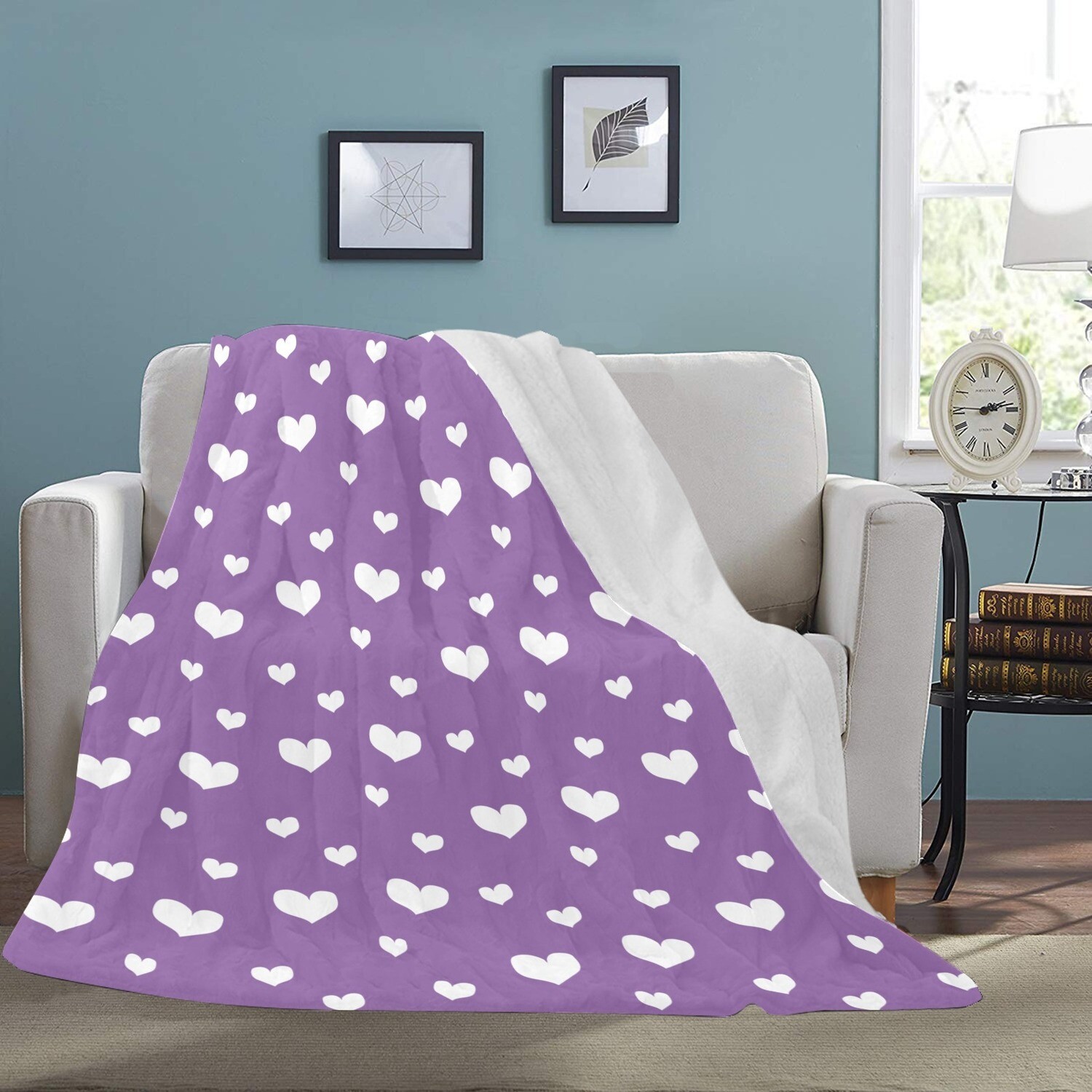 🤴🏽👸🏽💕Large Ultra-Soft Micro Fleece Blanket Valentine white hearts on amethyst orchid purple, gift, gift for her, gift for him, gift for them, 70"x80"