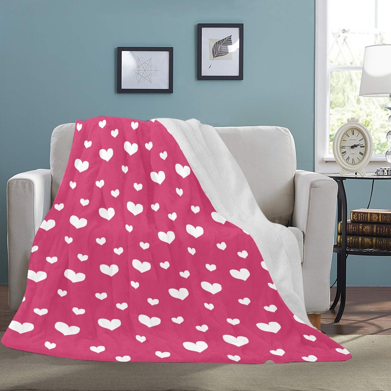 🤴🏽👸🏽💕Large Ultra-Soft Micro Fleece Blanket Valentine white hearts on raspberry sorbet pink, gift, gift for her, gift for him, gift for them, 70"x80"