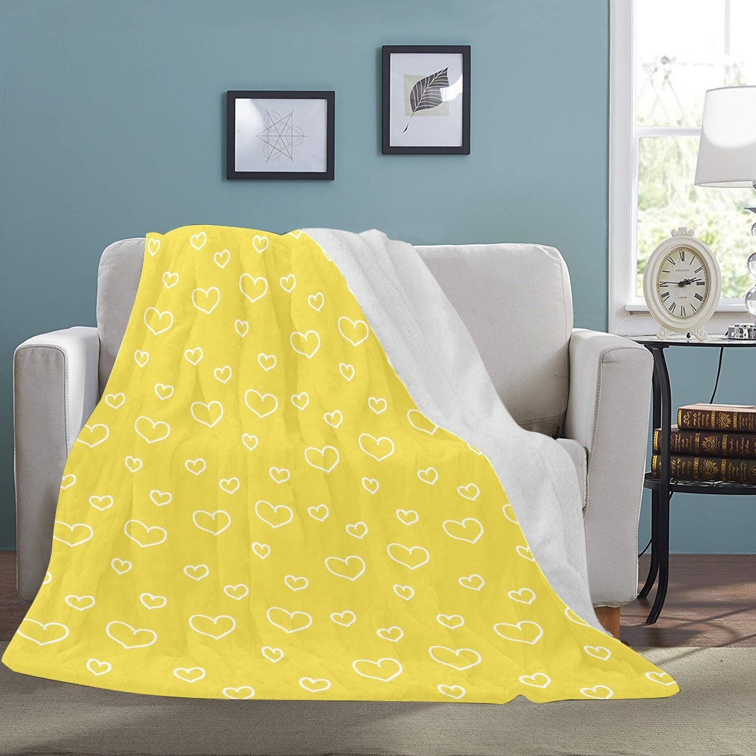 🤴🏽👸🏽💕Large Ultra-Soft Micro Fleece Blanket Valentine white outline hearts on yellow illuminating, gift, gift for her, gift for him, gift for them, 70"x80"