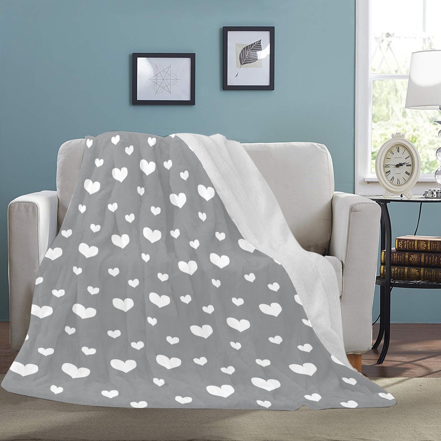 🤴🏽👸🏽💕Large Ultra-Soft Micro Fleece Blanket Valentine white hearts on ultimate gray, gift, gift for her, gift for him, gift for them, 70"x80"