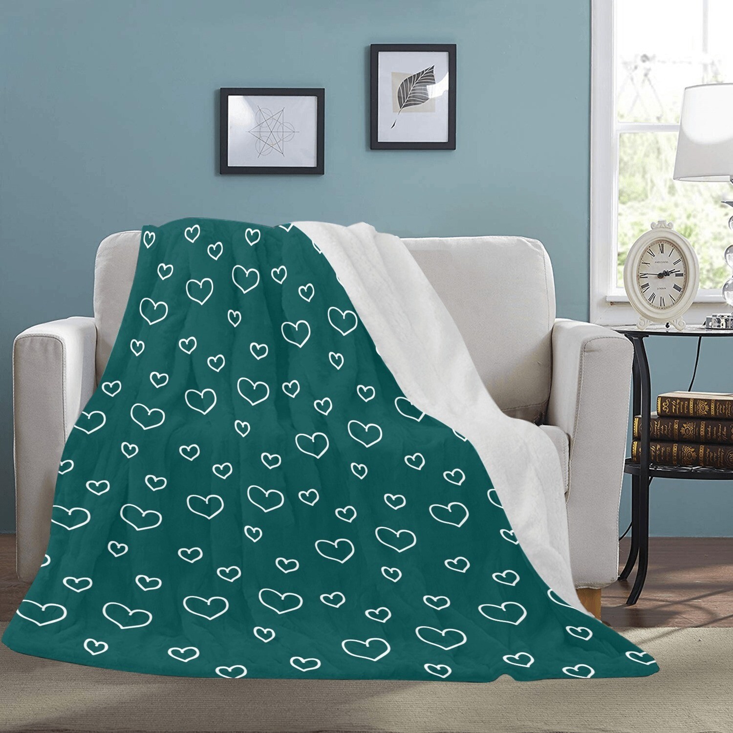 🤴🏽👸🏽💕Large Ultra-Soft Micro Fleece Blanket Valentine white outline hearts on dark teal, gift, gift for her, gift for him, gift for them, 70"x80"