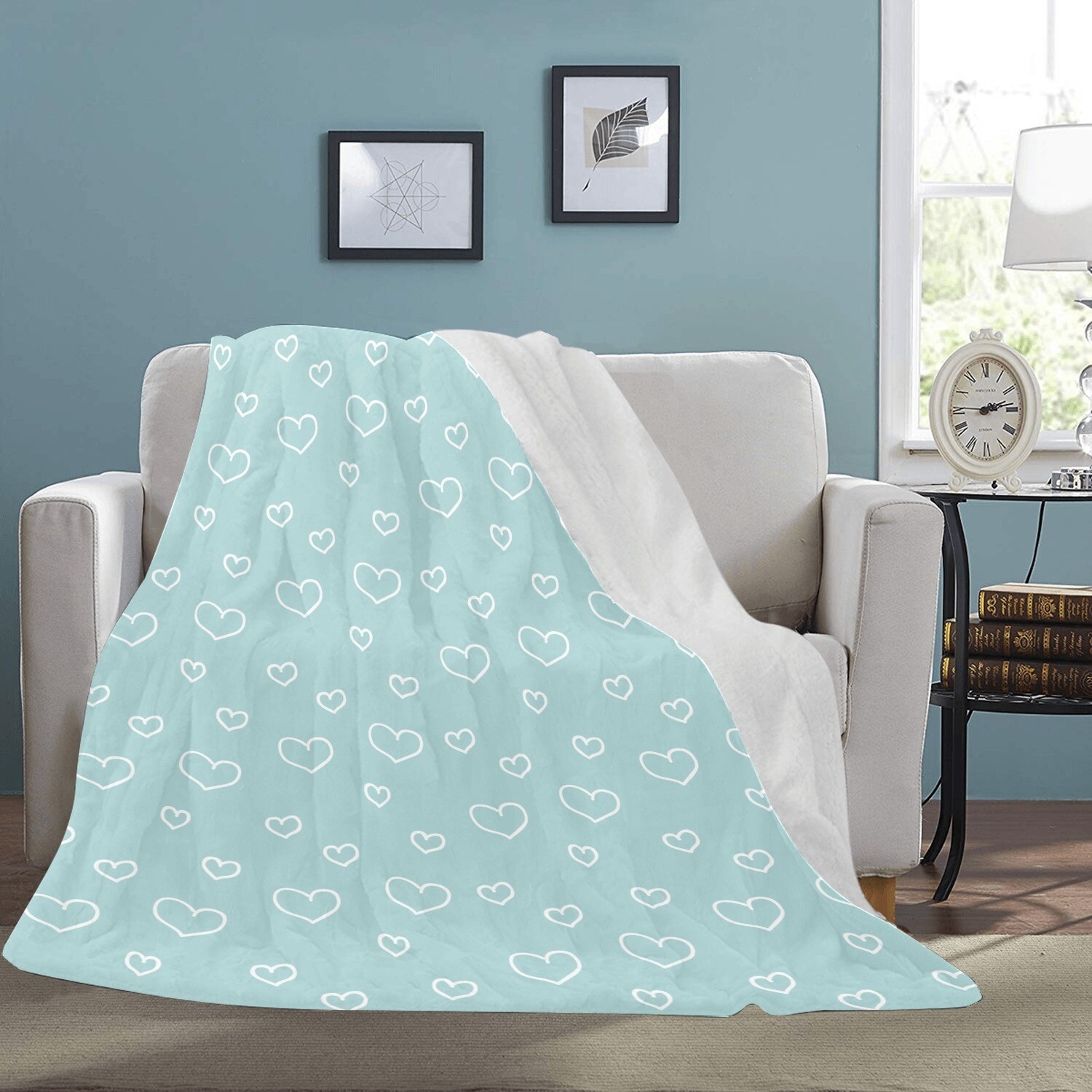 🤴🏽👸🏽💕Large Ultra-Soft Micro Fleece Blanket Valentine white outline hearts on light teal, gift, gift for her, gift for him, gift for them, 70"x80"