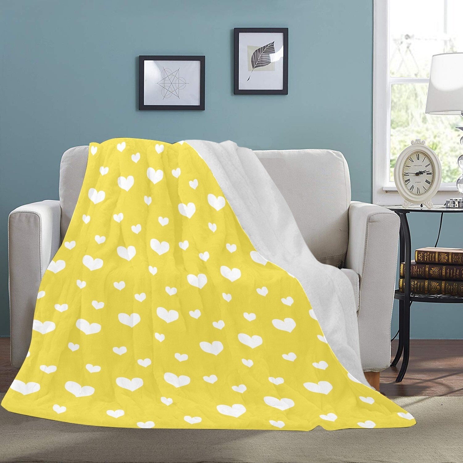 🤴🏽👸🏽💕Large Ultra-Soft Micro Fleece Blanket Valentine white hearts on yellow illuminating, gift, gift for her, gift for him, gift for them, 70"x80"