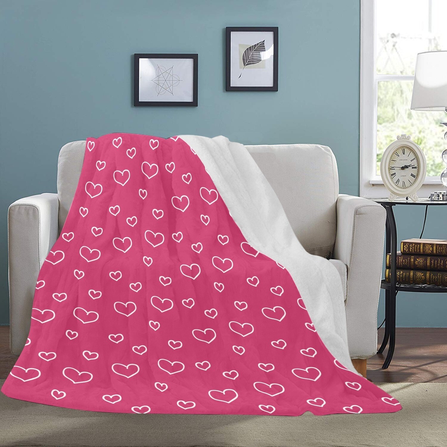 🤴🏽👸🏽💕Large Ultra-Soft Micro Fleece Blanket Valentine white outline hearts on raspberry sorbet pink, gift, gift for her, gift for him, gift for them, 70"x80"