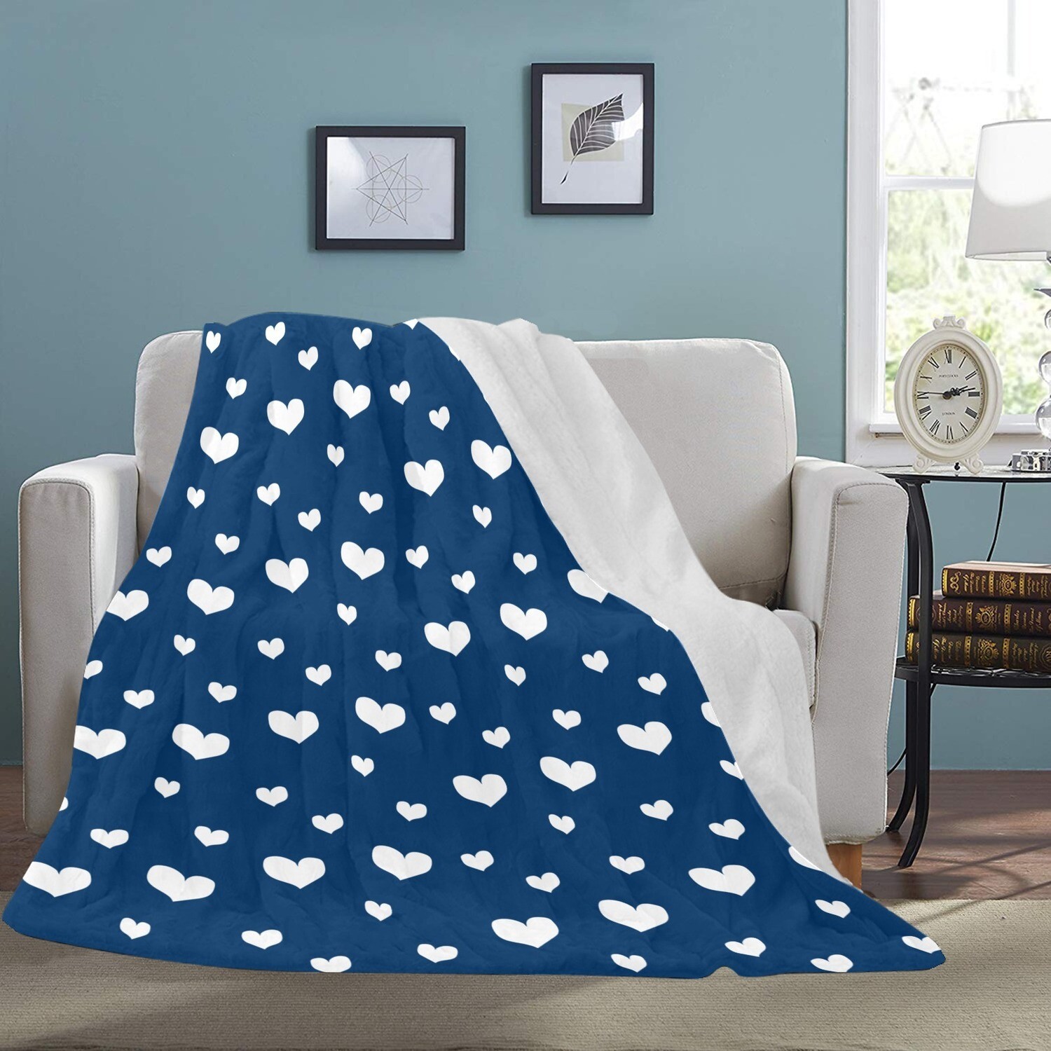 🤴🏽👸🏽💕Large Ultra-Soft Micro Fleece Blanket Valentine white hearts on navy blue, gift, gift for her, gift for him, gift for them, 70"x80"