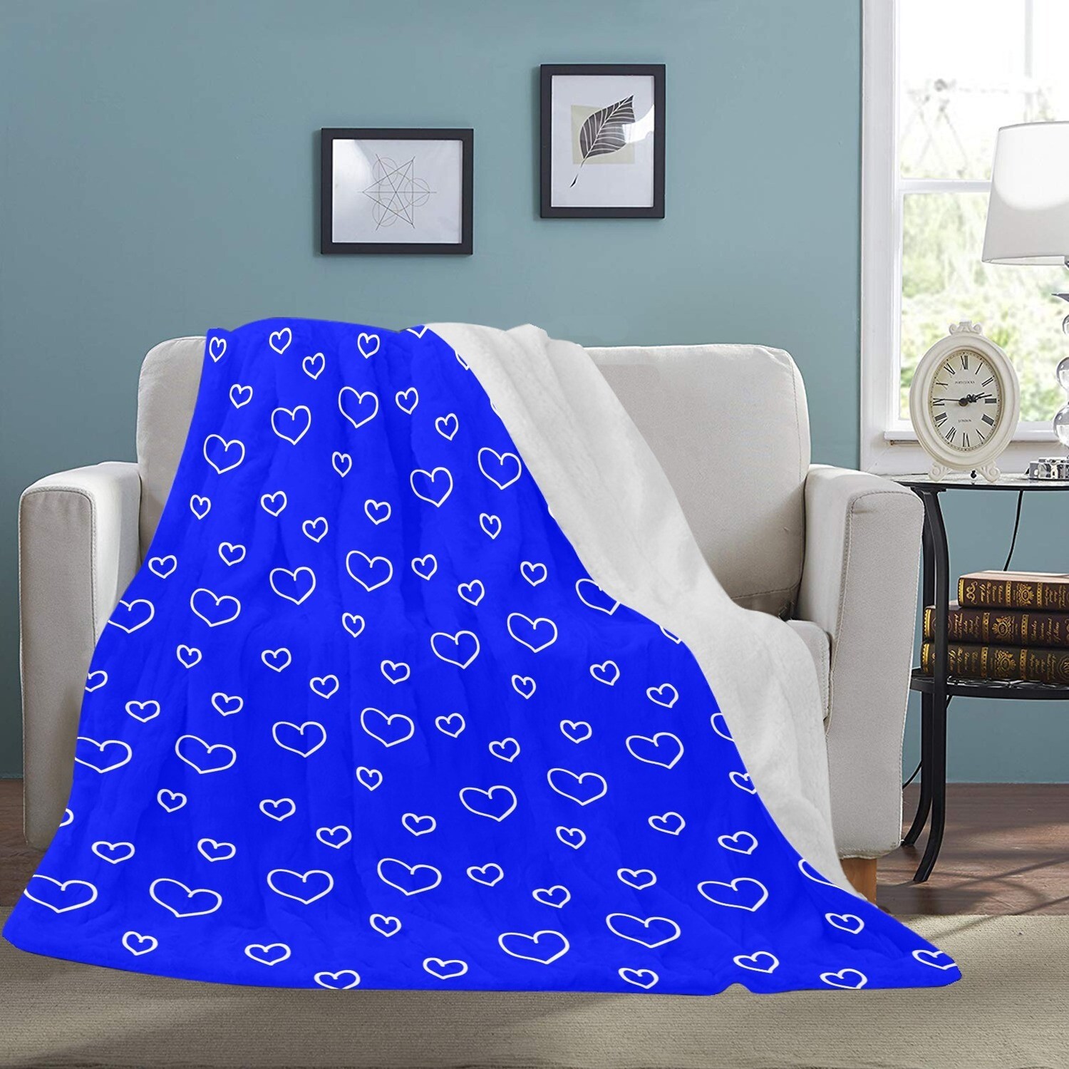 🤴🏽👸🏽💕Large Ultra-Soft Micro Fleece Blanket Valentine white outline hearts on royal blue, gift, gift for her, gift for him, gift for them, 70"x80"