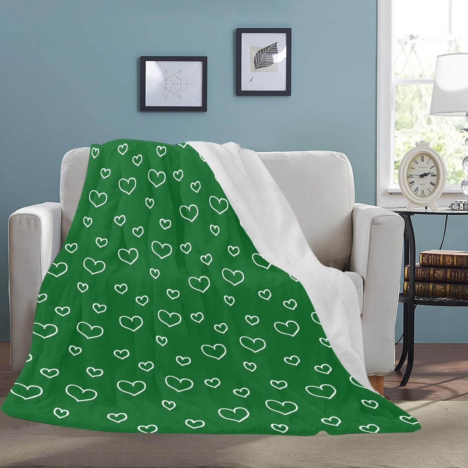 🤴🏽👸🏽💕Large Ultra-Soft Micro Fleece Blanket Valentine white outline hearts on forest green, gift, gift for her, gift for him, gift for them, 70"x80"