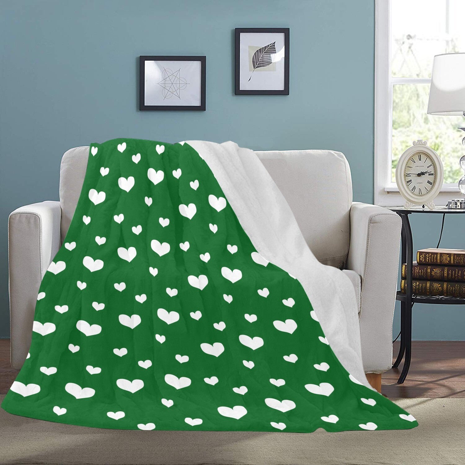 🤴🏽👸🏽💕Large Ultra-Soft Micro Fleece Blanket Valentine white hearts on forest green, gift, gift for her, gift for him, gift for them, 70"x80"
