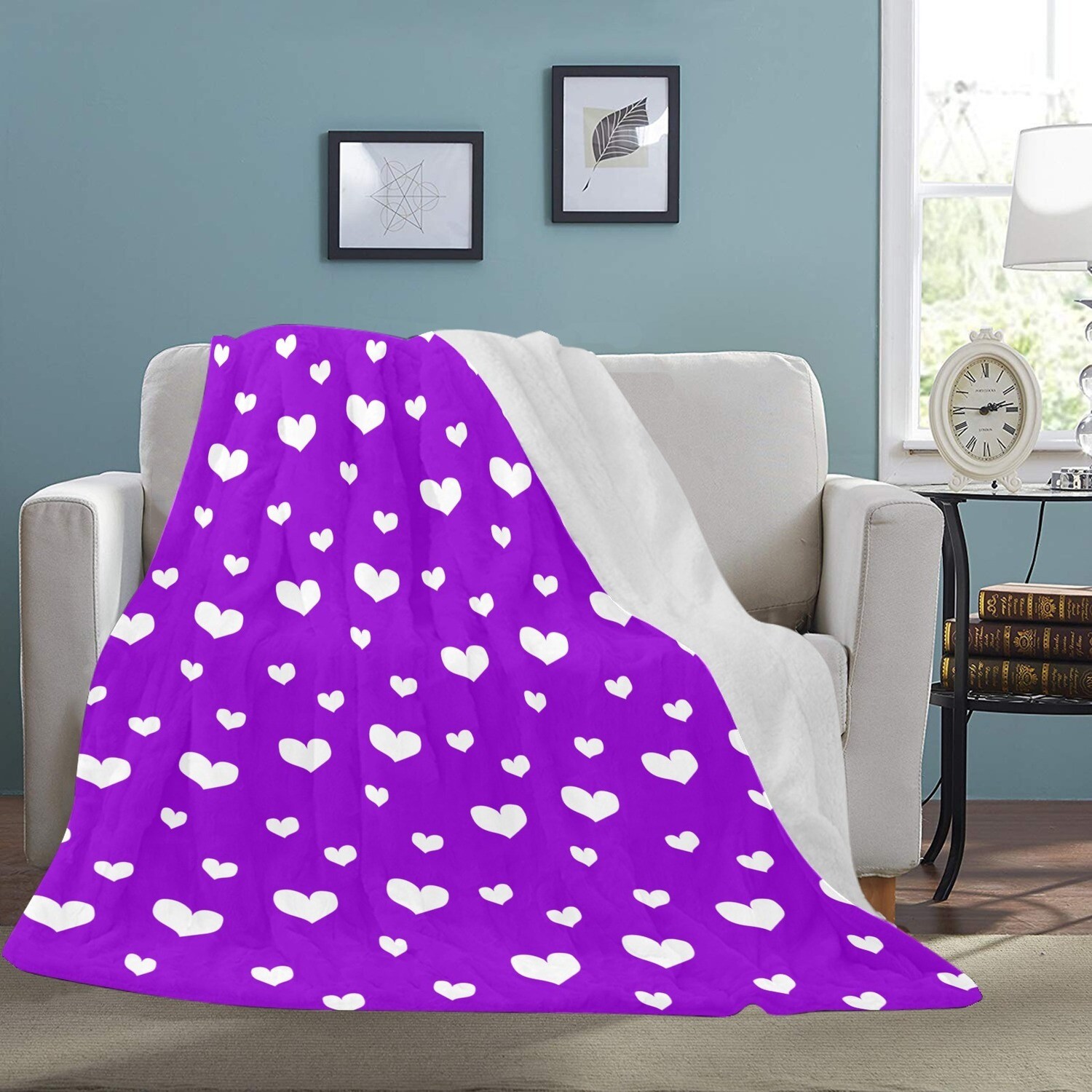 🤴🏽👸🏽💕Large Ultra-Soft Micro Fleece Blanket Valentine white outline hearts on violet purple, gift, gift for her, gift for him, gift for them, 70"x80"