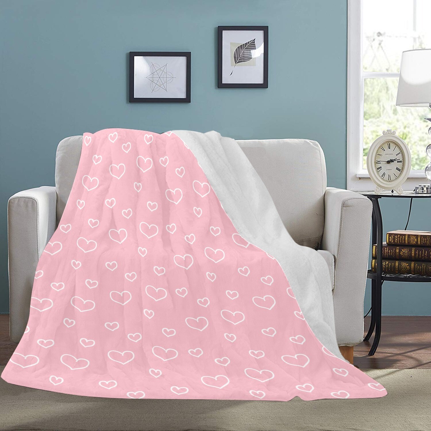 🤴🏽👸🏽💕Large Ultra-Soft Micro Fleece Blanket Valentine white outline hearts on baby pink, gift, gift for her, gift for him, gift for them, 70"x80"