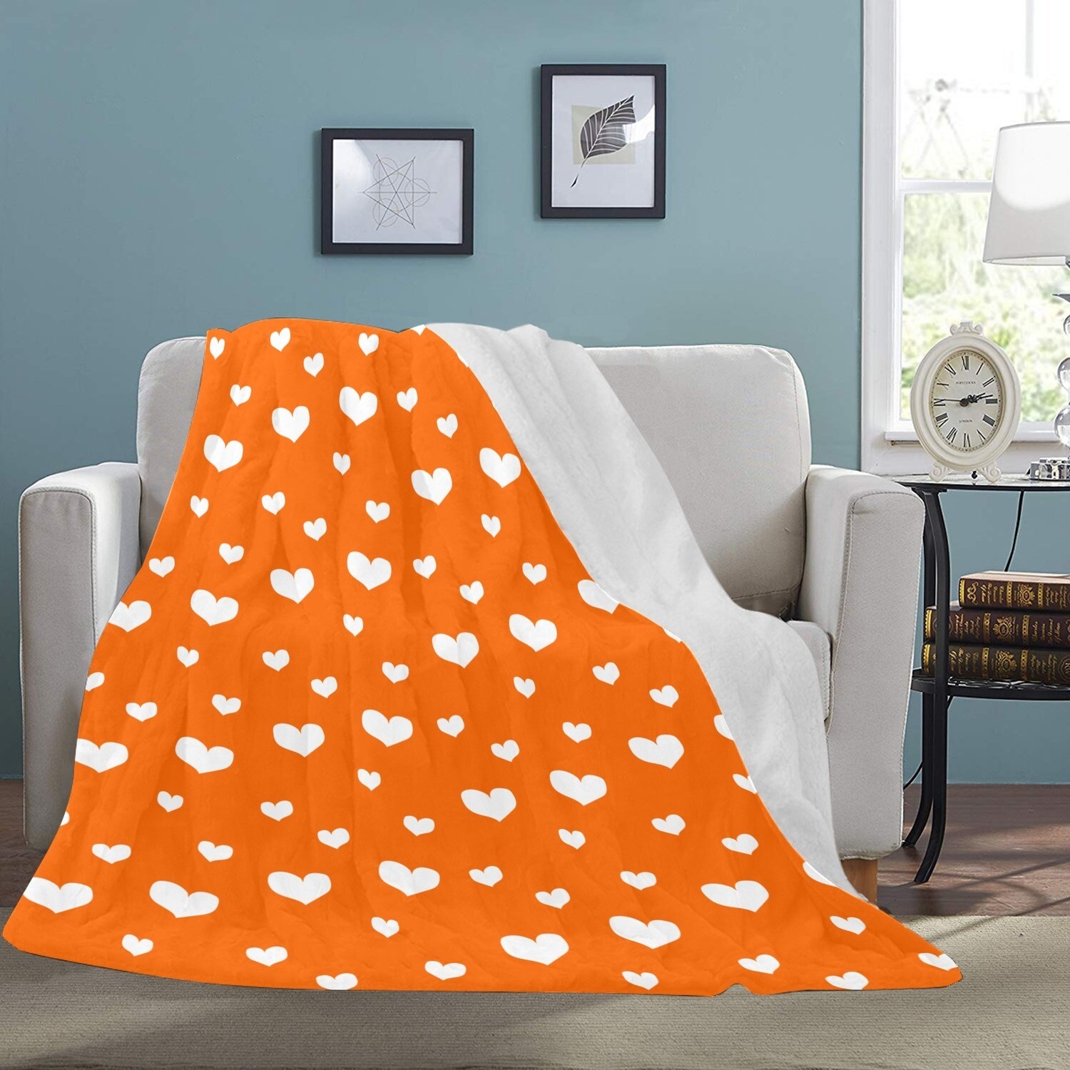 🤴🏽👸🏽💕Large Ultra-Soft Micro Fleece Blanket Valentine white hearts on orange, gift, gift for her, gift for him, gift for them, 70"x80"