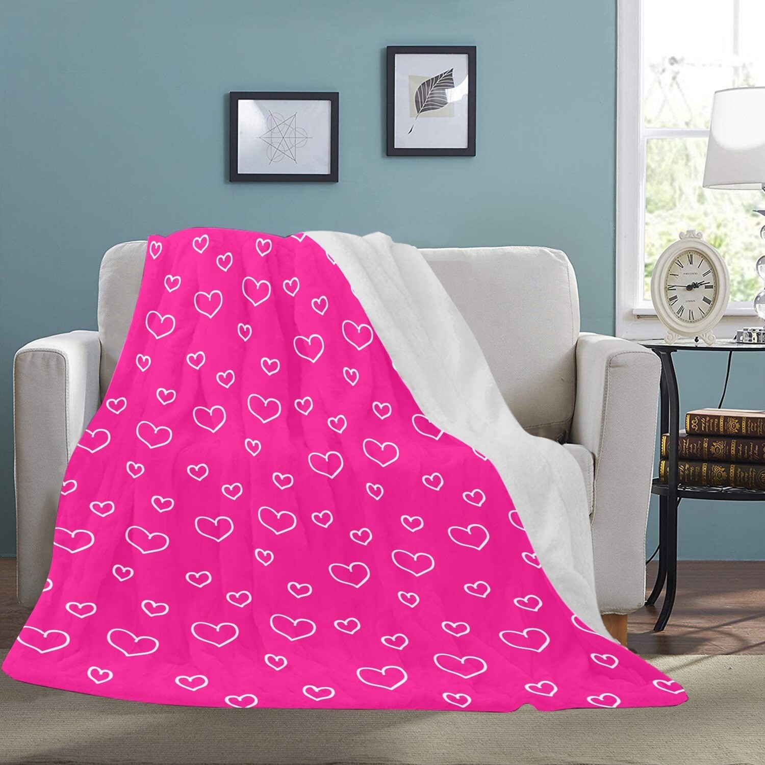 🤴🏽👸🏽💕Large Ultra-Soft Micro Fleece Blanket Valentine white outline hearts on hot pink, gift, gift for her, gift for him, gift for them, 70"x80"