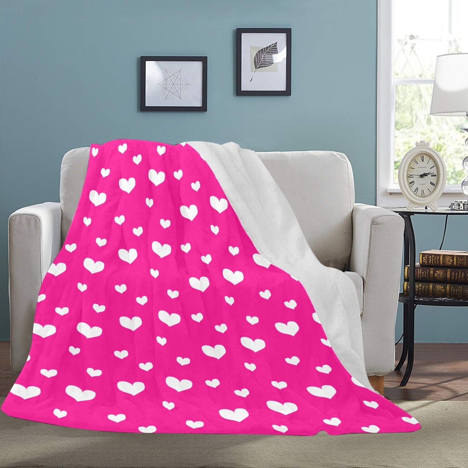 🤴🏽👸🏽💕Large Ultra-Soft Micro Fleece Blanket Valentine white hearts on hot pink, gift, gift for her, gift for him, gift for them, 70"x80"