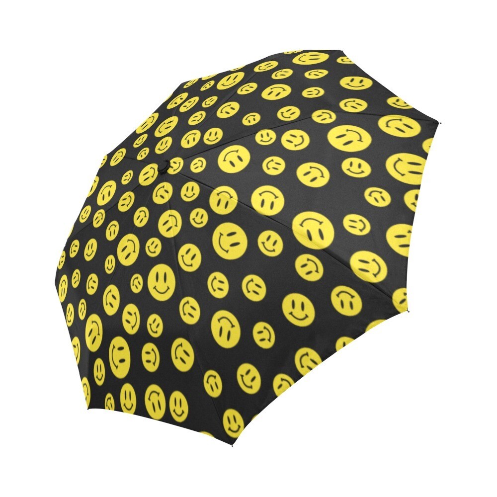 🤴🏽👸🏽☂😀Automatic Foldable Umbrella Happiness, Yellow Happy faces, Smileys, Emojis, gift, gift for him, gift for her, accessories, black