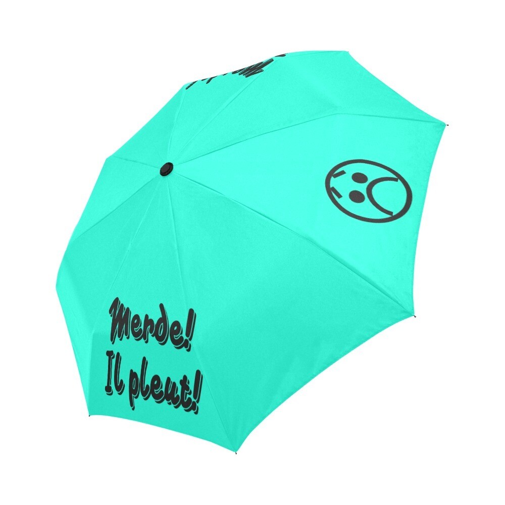 🤴🏽👸🏽☂💩 Automatic Foldable Umbrella Merde! Il pleut! Emoji, gift, gift for him, gift for her, accessories, black & neon sea green