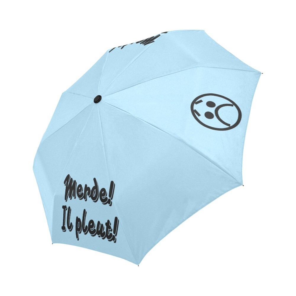 🤴🏽👸🏽☂💩 Automatic Foldable Umbrella Merde! Il pleut! Emoji, gift, gift for him, gift for her, accessories, white & light blue