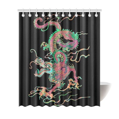 🛀🏽🐉 Maru's Feilong Chinese Flying Dragon #33 Waterproof Shower Curtain, Bathroom Decor, Gift, Size 72"(W) x 84"(H)/182.88 cm (W)x 213.36 cm (H), 50 colors, black