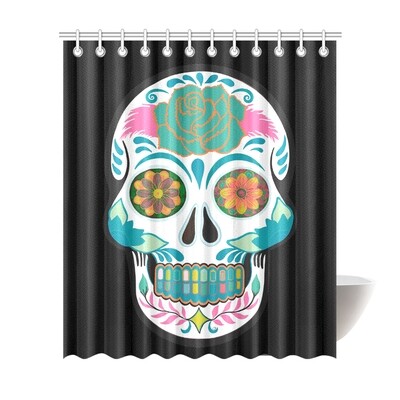 🛀🏽💀 Maru's Skull #17, Day of the dead, Mexican art, Waterproof Shower Curtain, Bathroom Decor, Gift, Size 72"(W) x 84"(H)/182.88 cm (W)x 213.36 cm (H), 32 colors, black
