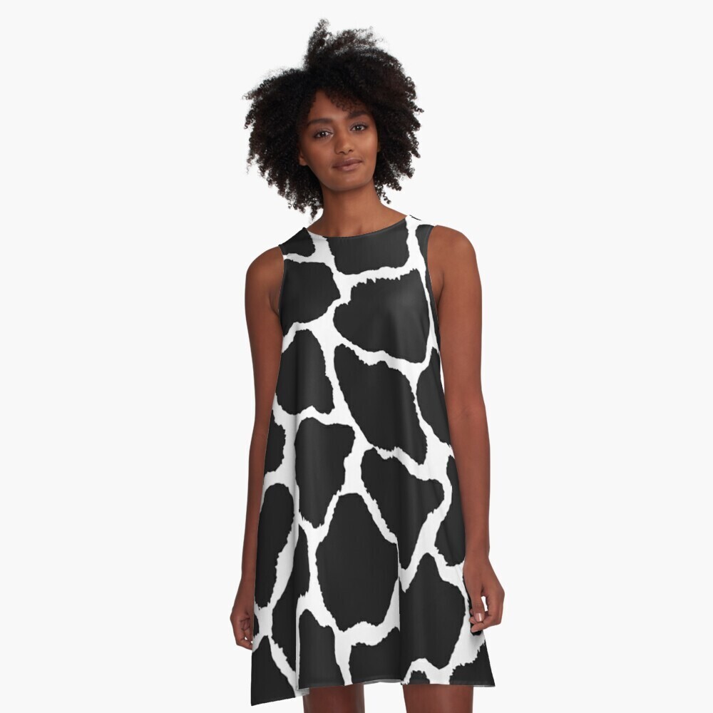 👸🏽🦒 Flattering A-Line Dress Giraffe's print, Animal's print, gift, summer dress, flowy dress, beach dress, 9 Sizes XXS to 4XL, black & white