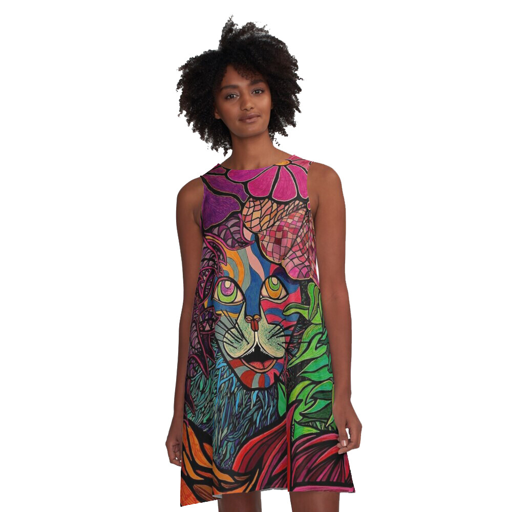 👸🏽🐅 Flattering A-Line Dress Umbrella Tiger in Tropical Jungle by Maru, cat, kitty, feline, animal, gift, summer dress, flowy dress, beach dress, 9 Sizes XXS to 4XL
