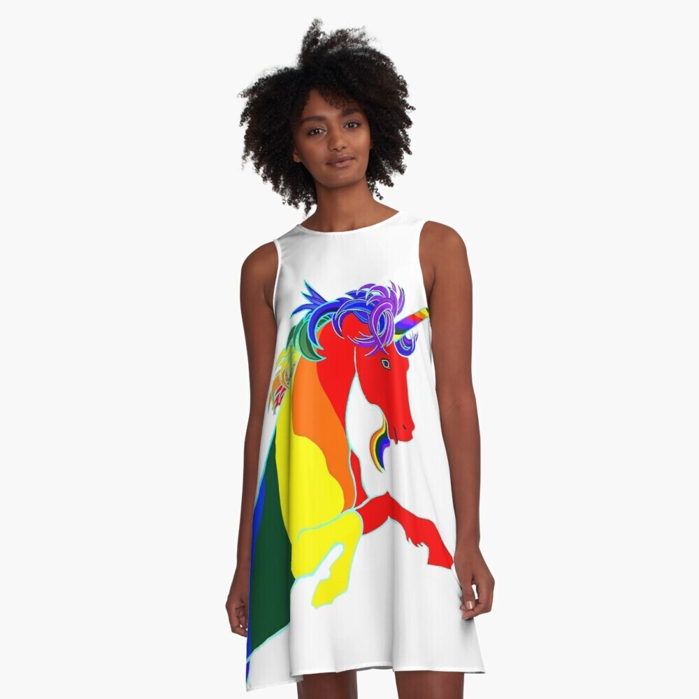 👸🏽🏳️‍🌈🦄 Flattering A-Line Dress Love is Love, LGBTQ Unicorn, pride flag, rainbow flag, gift, summer dress, flowy dress, beach dress, 9 Sizes XXS to 4XL, white