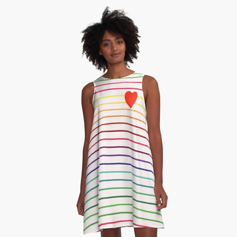 👸🏽🏳️‍🌈 Flattering A-Line Dress Love is Love, LGBTQ Fine Stripes & Heart, pride flag, rainbow flag, gift, summer dress, flowy dress, beach dress, 9 Sizes XXS to 4XL, white