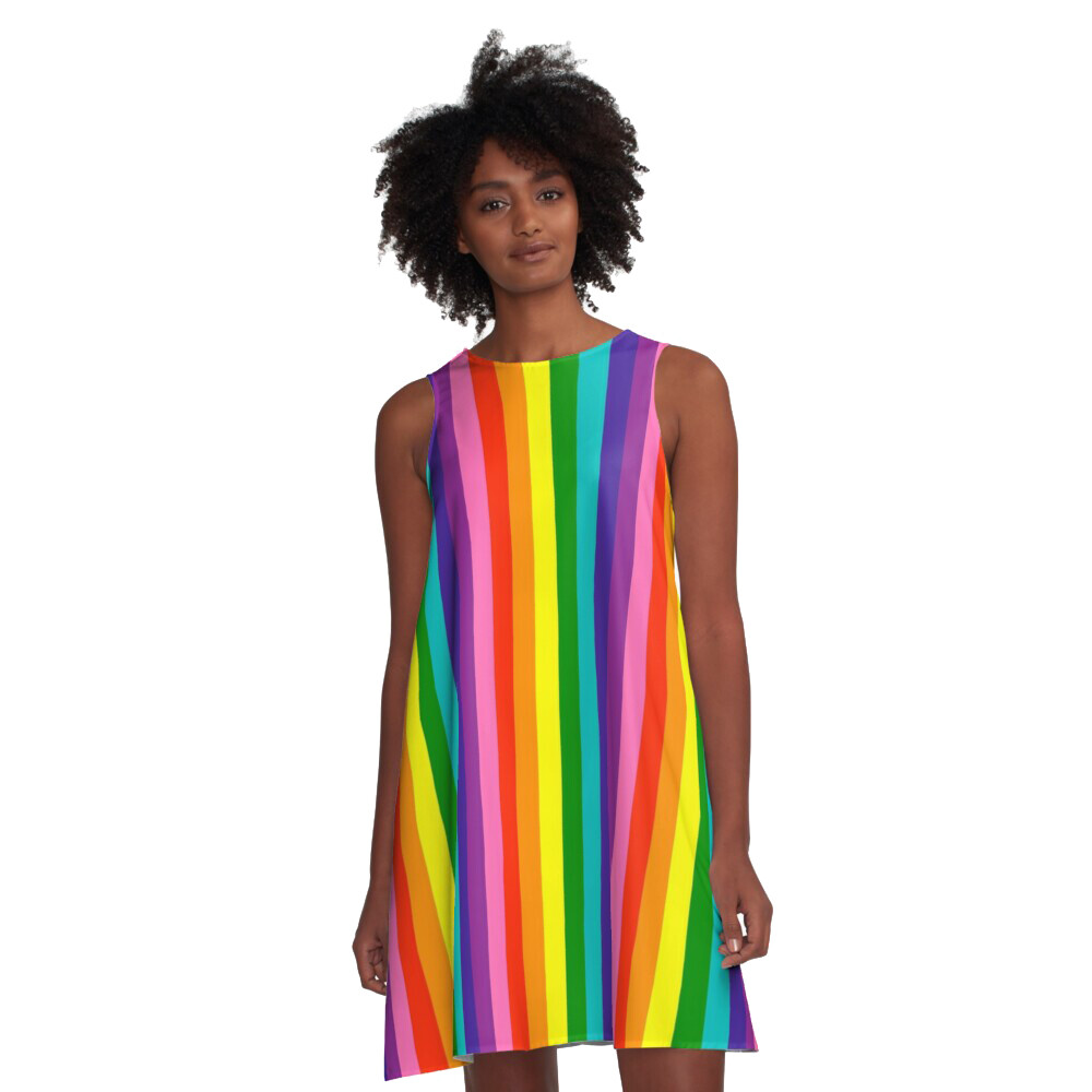 👸🏽🏳️‍🌈 Flattering A-Line Dress Love is Love, LGBTQ Fine Vertical Stripes, pride flag, rainbow flag, gift, summer dress, flowy dress, beach dress, 9 Sizes XXS to 4XL