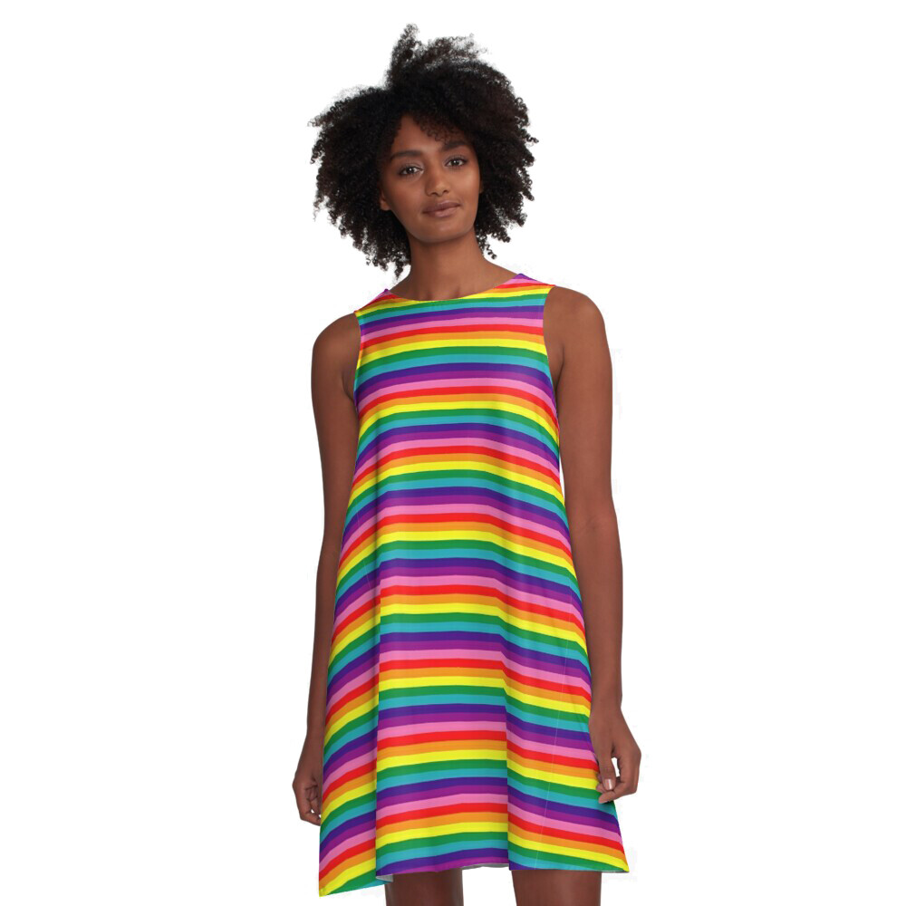 👸🏽🏳️‍🌈 Flattering A-Line Dress Love is Love, LGBTQ Fine Horizontal Stripes, pride flag, rainbow flag, gift, summer dress, flowy dress, beach dress, 9 Sizes XXS to 4XL