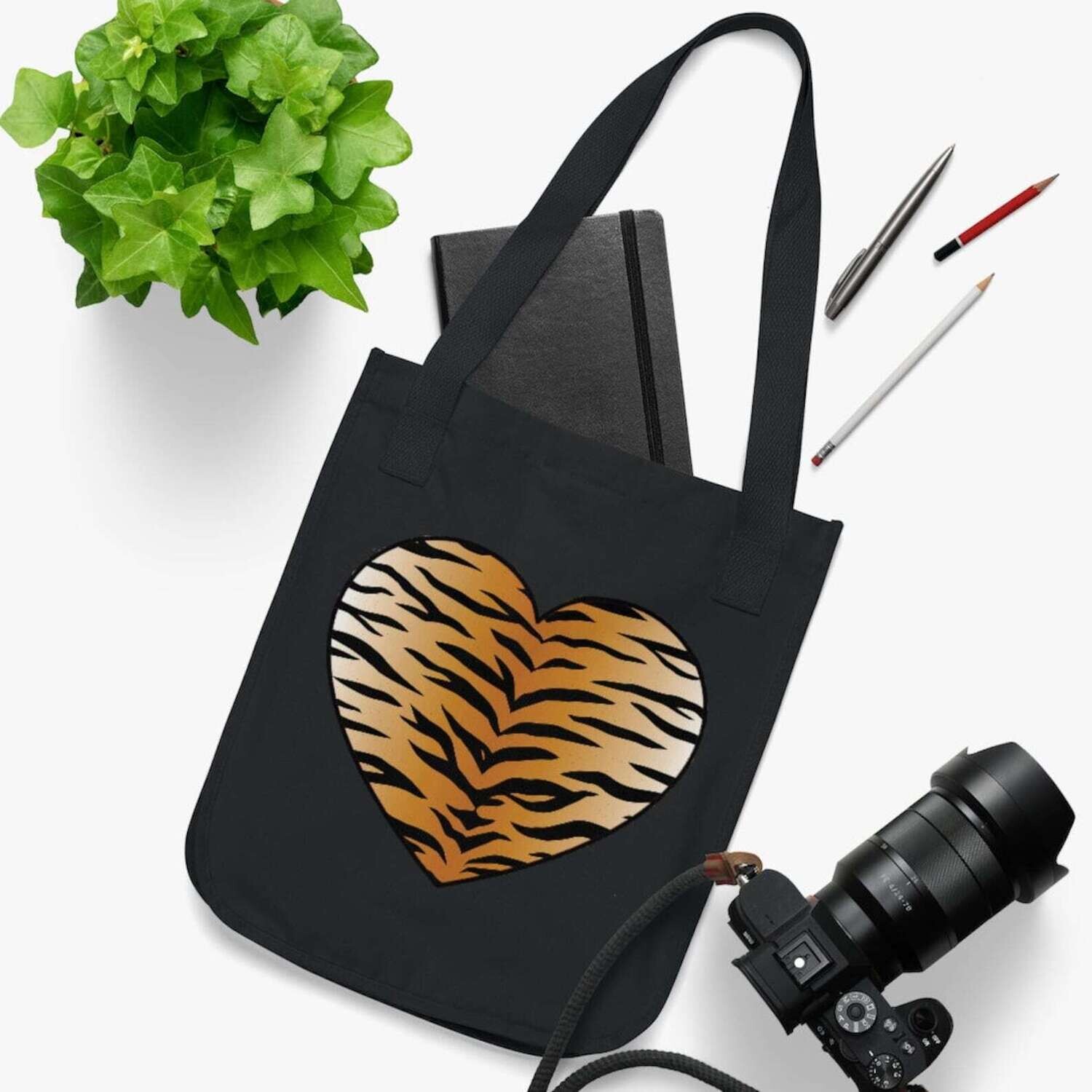 👸🏽🤴🏽🧳🐅 100% Certified Organic Cotton Canvas Tote Bag Tiger print, Gift for Animal Lovers, Pet Lovers, Cat Lovers, Made in the USA, 14.5x12.5" / 36.83x31.75 cm (LxW)