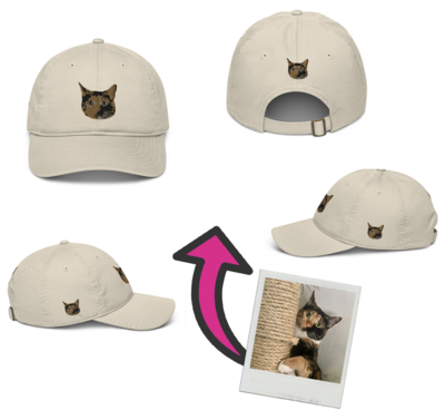 👸🏽🤴🏽🧢Custom Photo Organic Eco-Friendly Embroidered Hat, Personalized Dad Hat, Baseball Cap, Design your own hat, add photo, logo, artwork, 4 sides, gift