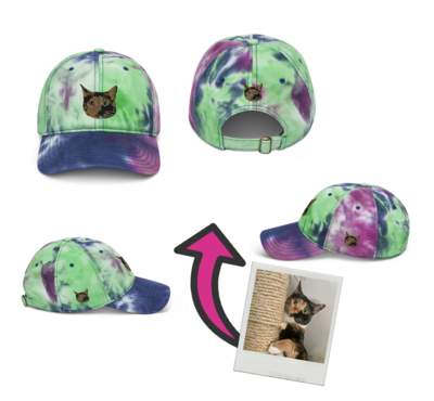 Custom Photo Tie Dye Embroidered Hat, Personalized Dad Hat, Baseball Cap, Design your own hat, add photo, logo, artwork, 4 sides, gift