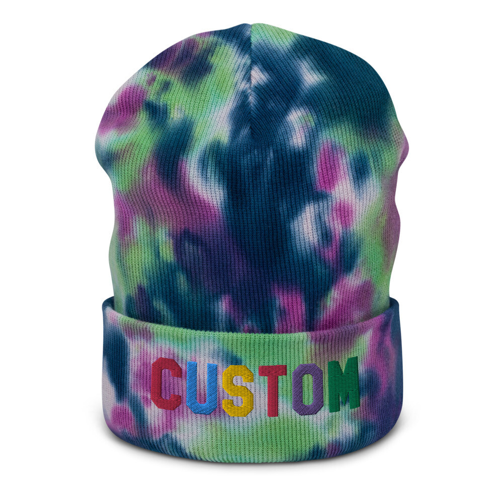 Custom Embroidered Tie Dye Cuffed Beanie, Personalized Beanie, design your own Beanie, add your text, choose your font, Made in USA, Embroidery, 100% cotton